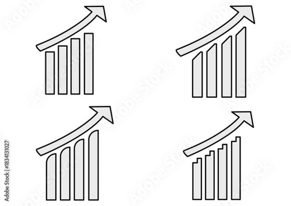 Obraz Black And White Stylized bar chart set with upward arrows showing growth and progress in varied minimalist designs for business, finance, and data visualization