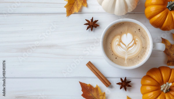 Fototapeta Autumn Hot Beverages Flat Lay with Cinnamon and Fall Elements — Cozy Seasonal Drink Photography