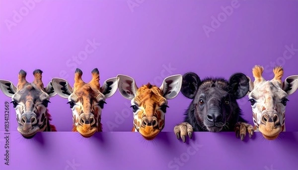 Fototapeta Five animals (four giraffes, one dog) peek over a violet wall, illuminated by a bright, even light source