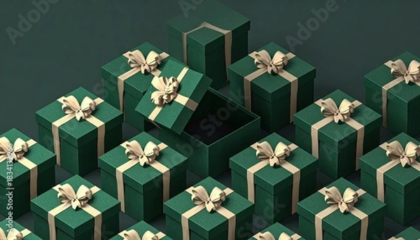 Fototapeta Elegant arrangement of dark green gift boxes with satin ribbons and one open box.