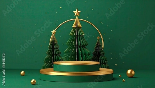 Fototapeta Elegant minimalist Christmas display with gold podium and festive trees.