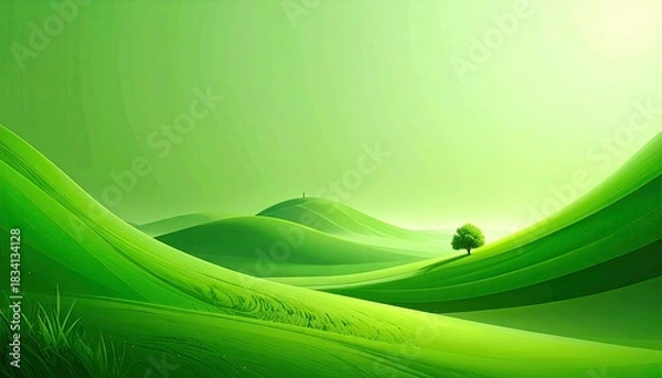 Fototapeta Vibrant green rolling hills landscape with a solitary tree under a soft hazy sky.