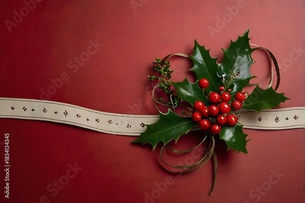 Obraz Minimal Red Holiday Corners,christmas wreath with red ribbon and bells