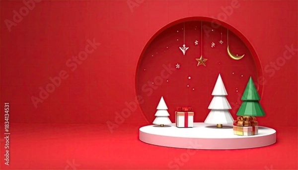 Fototapeta Modern Minimalist Christmas Scene with Festive Trees and Gifts on Red Background.