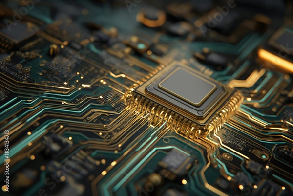 Obraz Futuristic motherboard texture with glowing gold and teal circuitry — high-detail technology background