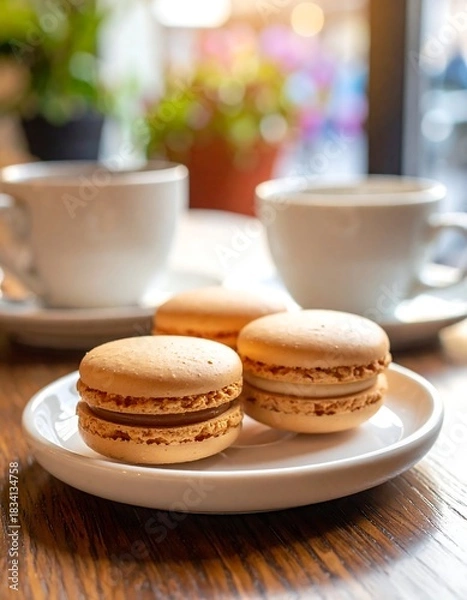 Fototapeta Close-up of macarons on a plate, coffee cups in the background