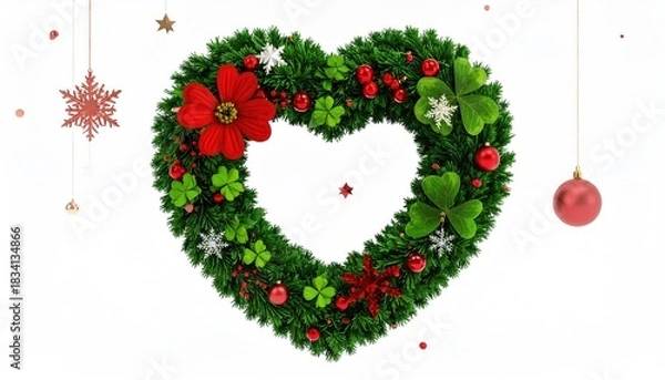 Fototapeta Heart shaped Christmas wreath adorned with festive ornaments shamrocks and red flowers.