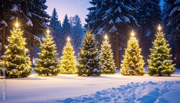 Fototapeta Enchanting winter scene with multiple decorated Christmas trees glowing warmly in a snow-covered forest at night.
