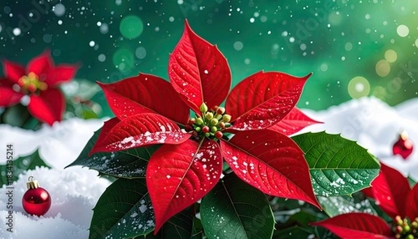 Fototapeta Vibrant red poinsettia flower covered in snow with Christmas ornament and bokeh lights.