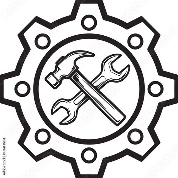 Fototapeta Gear With Crossed Hammer And Wrench Inside Keywords: gear, cogwheel, tools, hammer, wrench