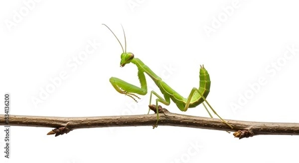 Obraz Vibrant Green Praying Mantis Insect Isolated on White Background Branch Macro