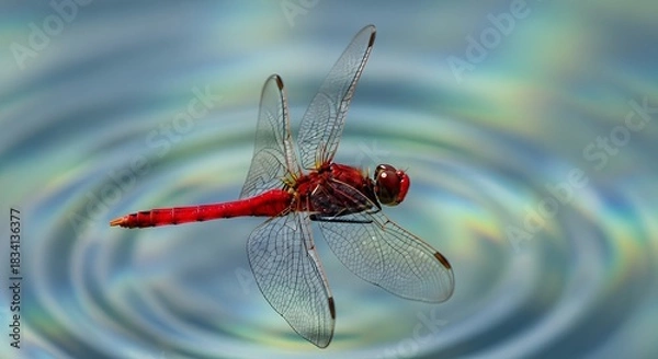 Obraz Vibrant scarlet dragonfly macro closeup flying above reflective pond ripples
