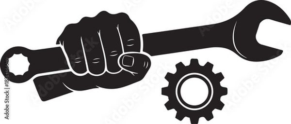 Fototapeta Hand Holding Wrench with Gear on White Background fist tool