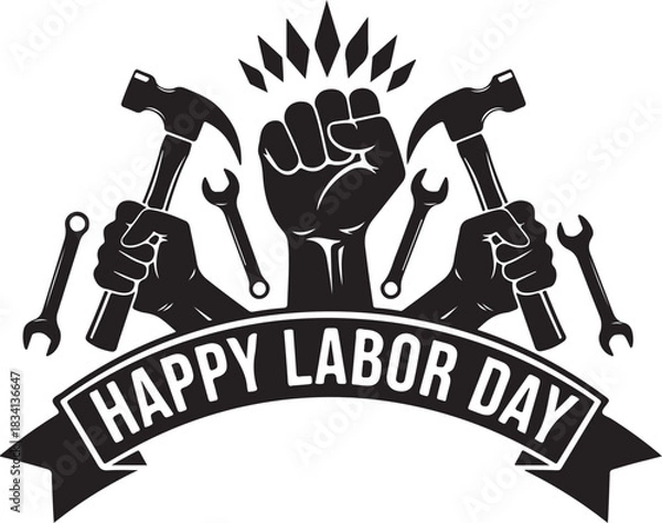 Fototapeta Happy Labor Day banner with fists and tools ribbon
