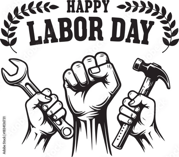 Fototapeta Happy Labor Day illustration with clenched fists and tools wrench