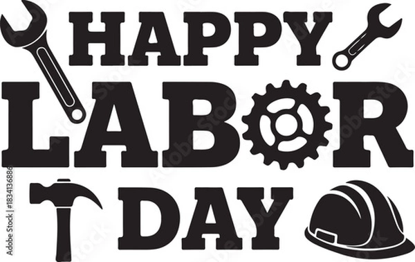 Fototapeta Happy Labor Day text with tools and hard hat lettering words