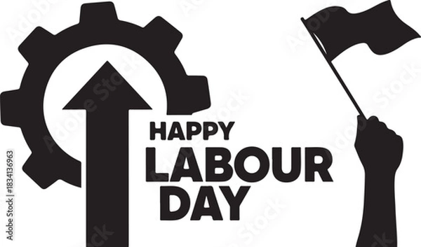 Fototapeta Happy Labour Day with gear, arrow and flag text words