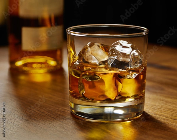 Obraz Glass of whiskey on ice with bottle on wood bar