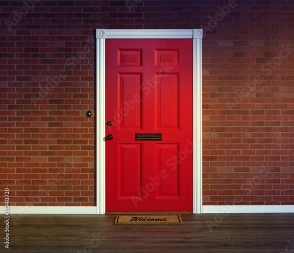 Obraz Bright red front door and welcome mat with wood porch floor.