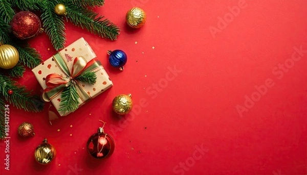 Fototapeta Festive Christmas Gift Box with Ornaments and Pine Branches on Red Background.