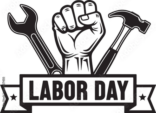 Fototapeta Labor Day Fist Wrench Hammer and Ribbon Graphic vector illustration