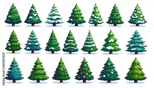 Fototapeta Collection of Festive Cartoon Christmas Trees with Snow and Ornaments.