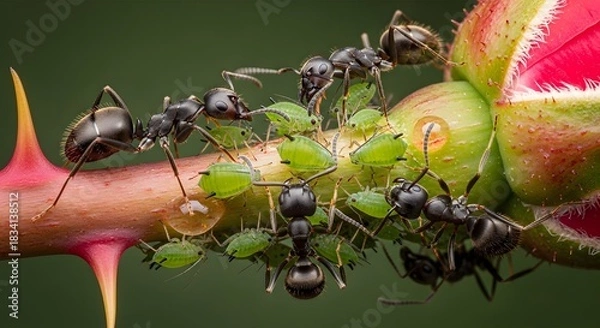 Obraz Black Ants Tending Green Aphids on Rose Stem Macro Symbiosis Pest Control