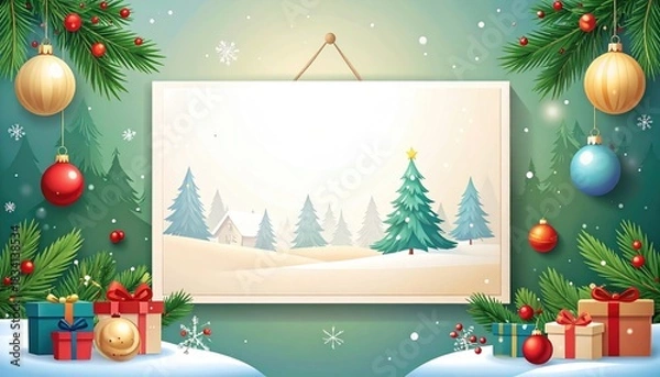 Fototapeta Festive Christmas winter scene with blank canvas for holiday message and decorations.