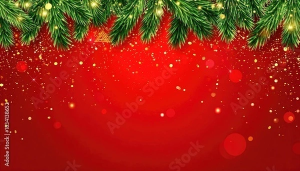 Fototapeta Festive Christmas background with fir branches and golden bokeh lights.
