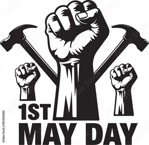 Fototapeta May Day Fist and Hammer Graphic with Text 1st may labor day
