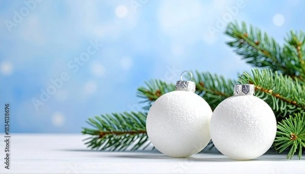 Fototapeta Two white glitter Christmas ornaments with pine branches on a soft blue bokeh background.