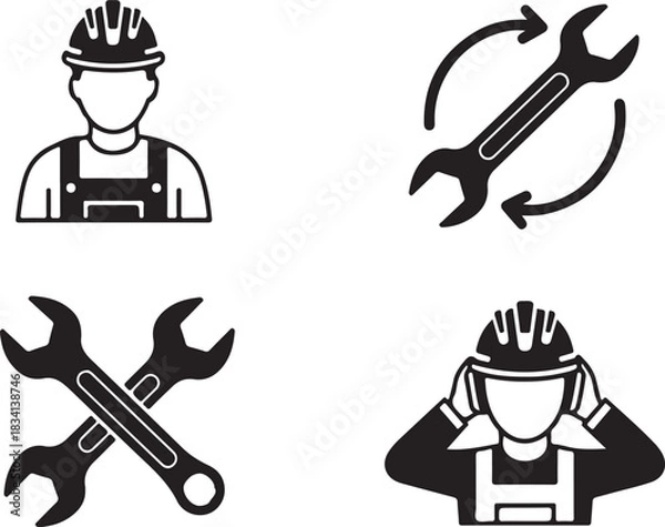 Fototapeta Set of four black and white icons related to construction and labor worker