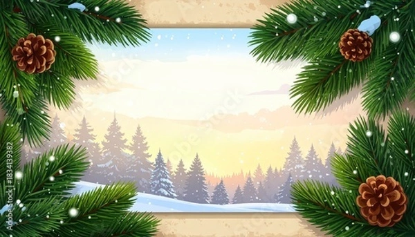 Fototapeta Winter forest landscape with pine branches and falling snow.