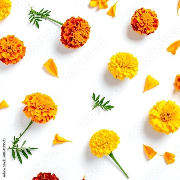 Fototapeta Close-up of marigolds and petals scattered on a pristine white backdrop
