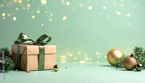 Fototapeta Elegant Christmas gift box with festive bokeh lights and pine branches.