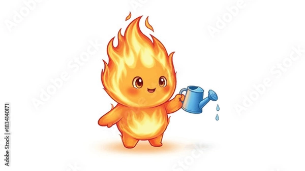 Fototapeta Adorable Fire Element with Watering Can: A whimsical fire element stands, holding a watering can. This illustration brings to life the element with playful charm and unexpected contrast.
