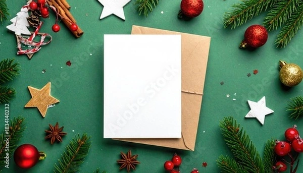 Fototapeta Flat lay of a blank Christmas greeting card and envelope surrounded by festive decorations.