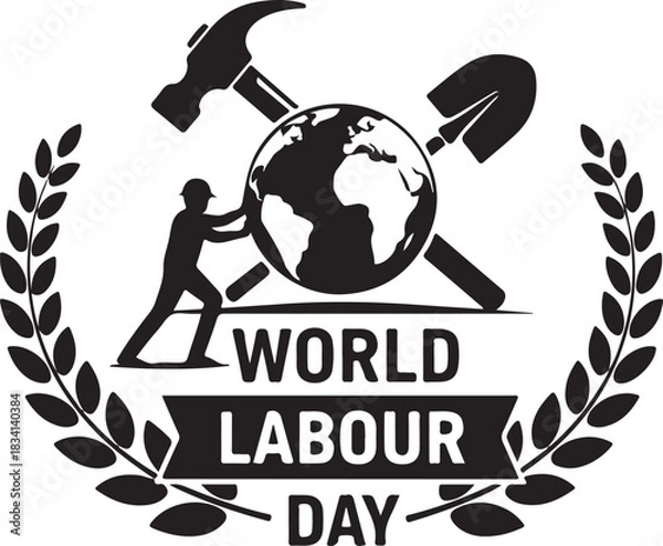 Fototapeta World Labour Day emblem with globe, tools, worker and laurel wreath logo