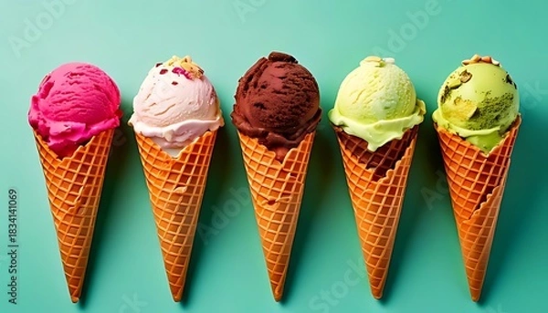Fototapeta Five ice cream cones, each with a differently colored scoop, aligned on a light blue background