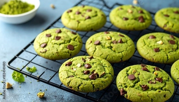 Fototapeta Close-up of matcha cookies with chocolate chips on a cooling rack