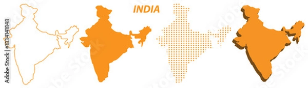 Fototapeta India Map Vector Set, Asia Outline Silhouette Dotted 3D Solid Shapes, South Asia Country Infographic Template, Editable EPS Geography