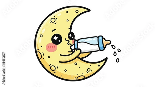 Fototapeta Lunar Nurturing: A whimsical depiction of a gentle crescent moon, tenderly feeding from a baby bottle, representing the care and affection of nighttime. 