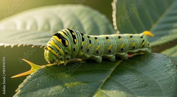 Obraz Vibrant Green Black Swallowtail Caterpillar Macro on Dark Leaf in Golden Sunlight