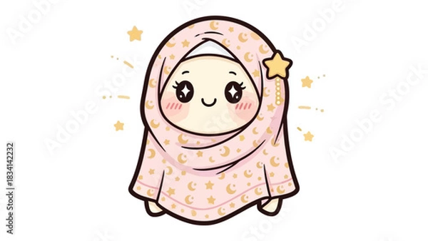 Fototapeta Sweet Reverie: A charming cartoon girl, veiled in a hijab adorned with celestial patterns, radiates happiness. The scene evokes a sense of peace and tranquility.