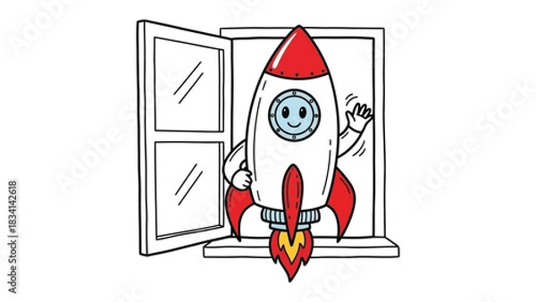 Fototapeta Blast Off: A whimsical rocket ship, with a friendly face, prepares for takeoff, emerging from a window against a clean backdrop.  