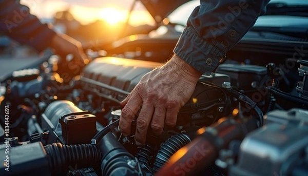 Fototapeta Close-up of mechanic's hands working on a car engine during sunset