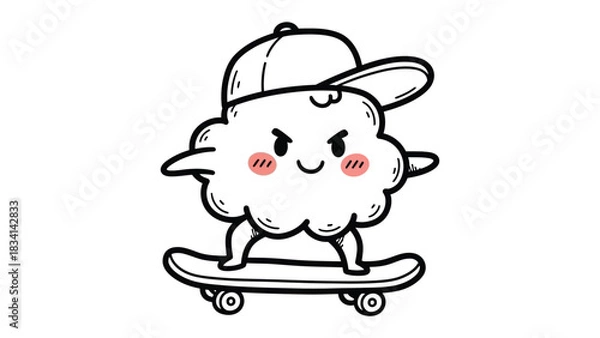 Fototapeta Cloud Skateboard Fun: An adorable, cartoon cloud figure, complete with a baseball cap, takes to the skateboard for a lively, energetic adventure. A perfect blend of whimsy.