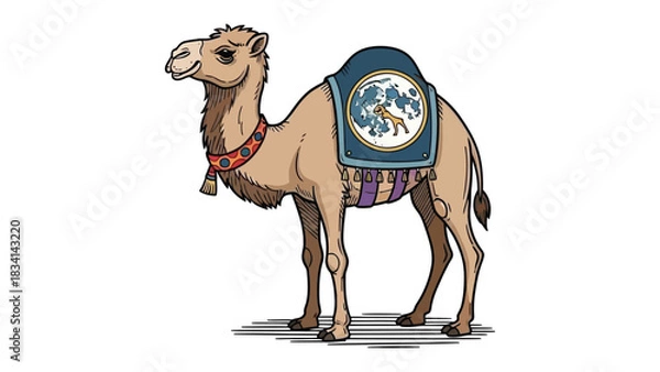 Fototapeta Desert Caravan Companion: A charming illustration showcases a camel, complete with a saddle, ready for a journey. The camel, a symbol of resilience and travel, stands poised for exploration. 