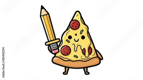 Fototapeta Pizza Defender: A cartoon slice of pizza wielding a pencil as a sword, showcasing a playful and creative concept, perfect for food and artistic themes.