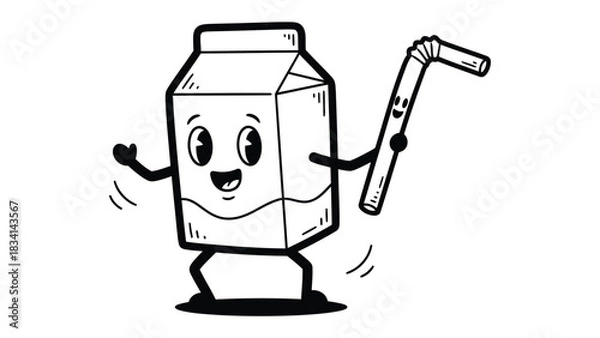 Fototapeta Dairy Delight: An illustration showing a cartoon milk carton and a straw. with charming expressions that bring a touch of playfulness.